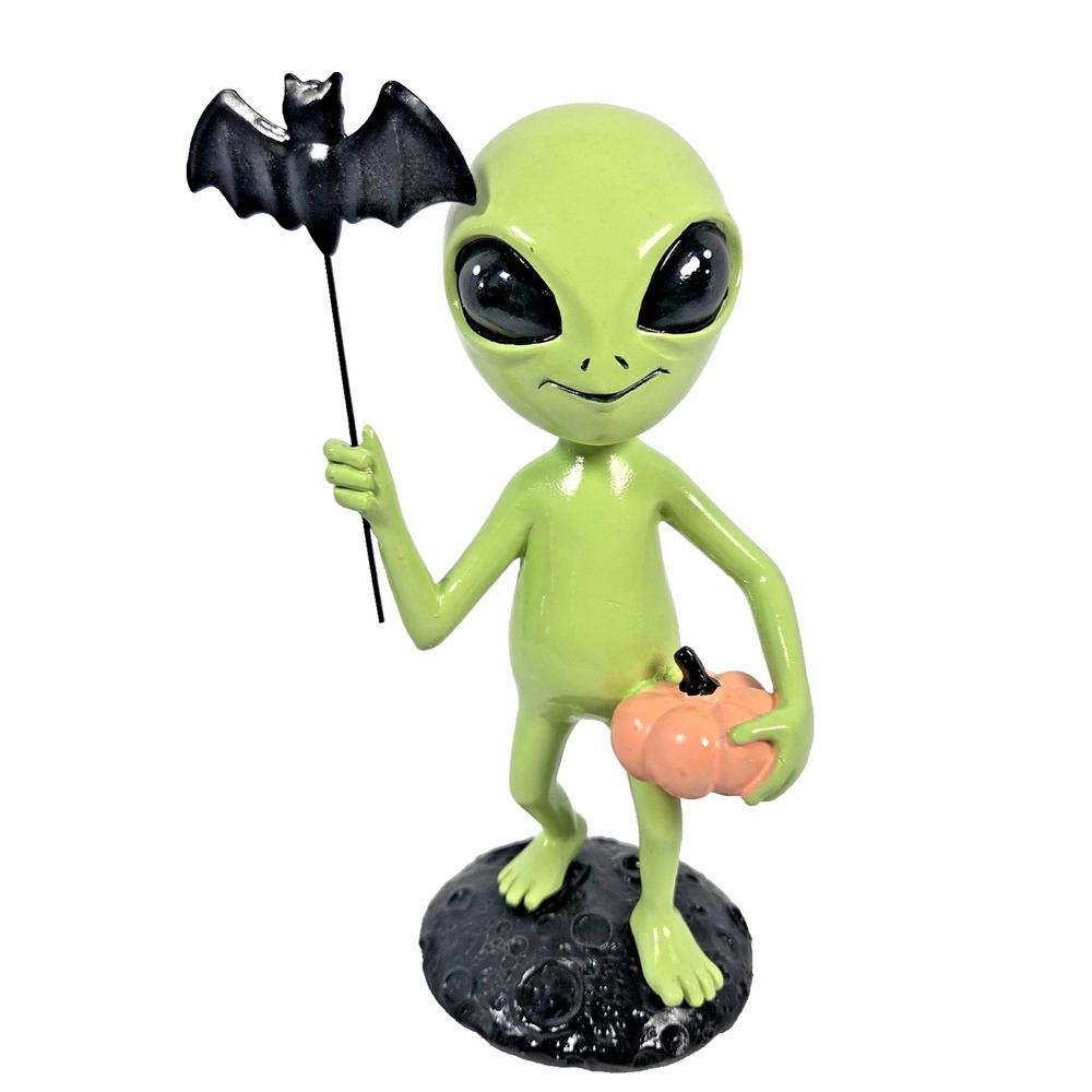 Green Alien Figurine Pumpkin Bat Lab No 10.31 Halloween Decor Spooky Cute